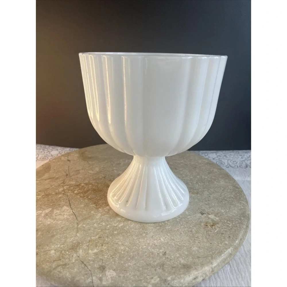 Vintage 1960's White Milk Glass 2pound  Ribbed Compote Pedestal Vase
